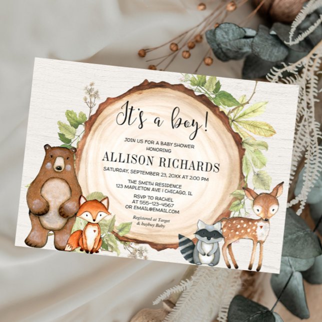 It's a boy rustic woodland animals baby shower inbjudningar (Skapare uppladdad)