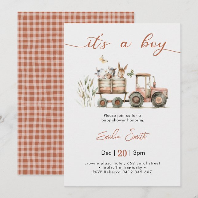  It's a Boy Tractor Baby Shower Inbjudningar (Fram/baksida)