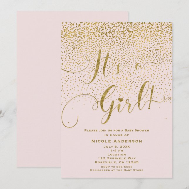 It's A Girl Baby Shower Blush Rosa & Guld Konfetti Inbjudningar (Fram/baksida)