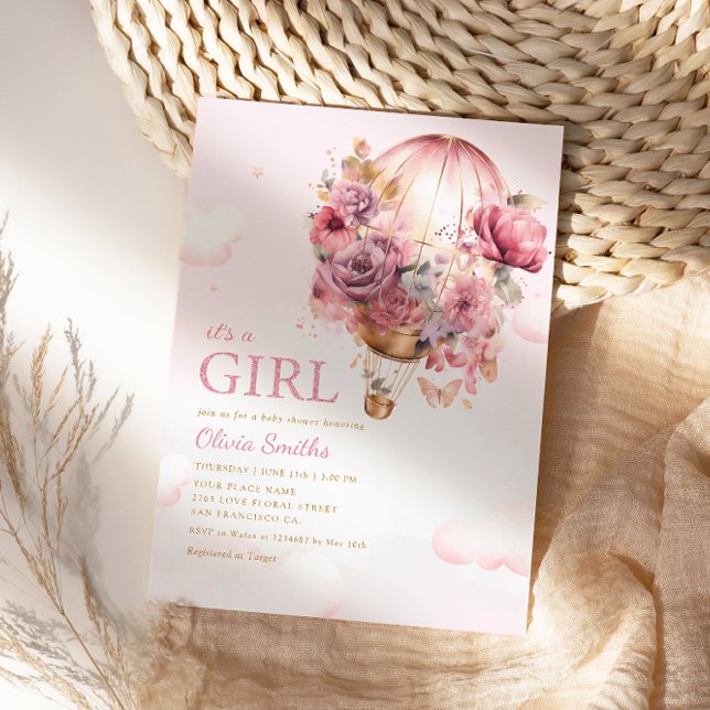 It's a Girl Boho Rosa Blommig Ballong Bebis Shower Inbjudningar (Skapare uppladdad)