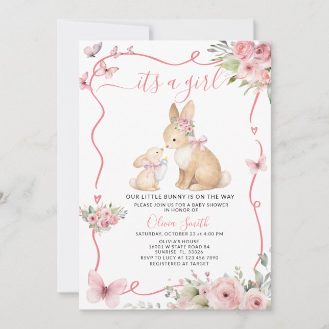 It's a Girl Bunny Baby Shower Pink Floral Inbjudningar (Framsida)