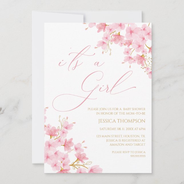 i'ts a Girl Floral Baby Shower Cherry Blossom Inbjudningar (Framsida)