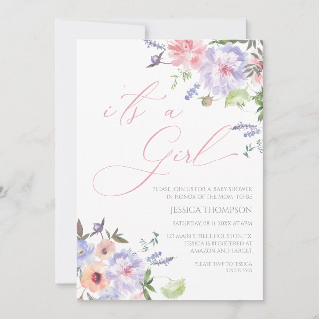 i'ts a Girl Floral Baby Shower pink and purple Inv Inbjudningar (Framsida)