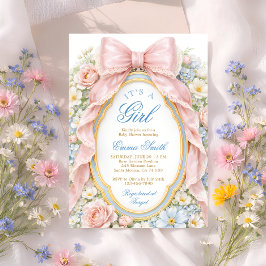It's a Girl Floral Pink Bow Coquette Baby Shower Inbjudningar