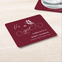 It's A Girl Modern Minimal Butterfly Baby Shower Underlägg Papper Kvadrat