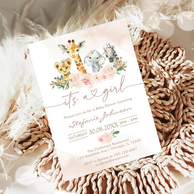 It's A Girl Party Animals Safari Baby Shower Inbjudningar (Skapare uppladdad)