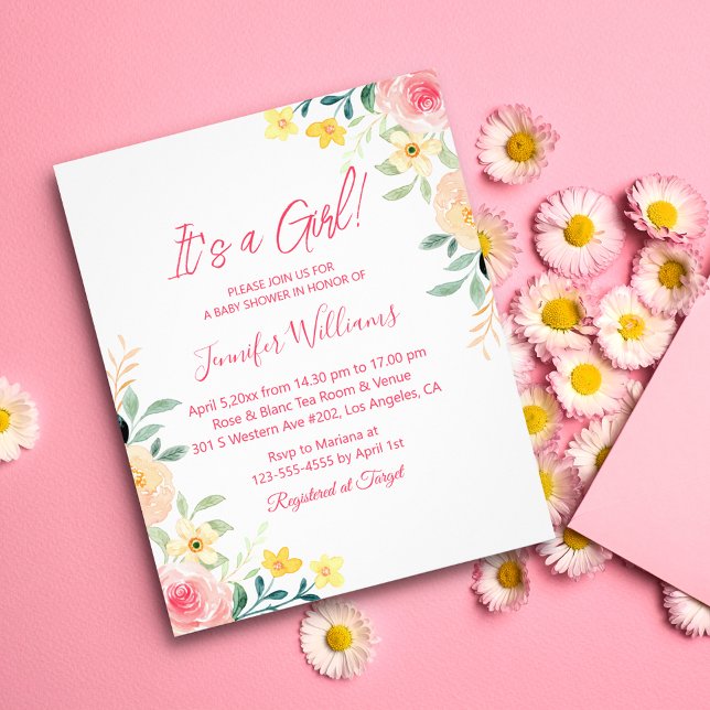 its a girl,pink floral baby shower invitation  flygblad (Skapare uppladdad)
