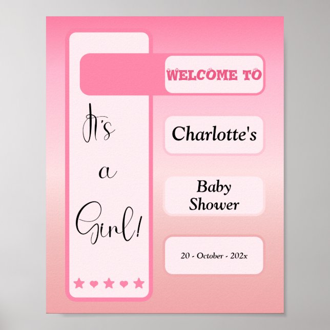 It's A Girl! Pink Gradient Cute Baby Shower Poster (Framsidan)