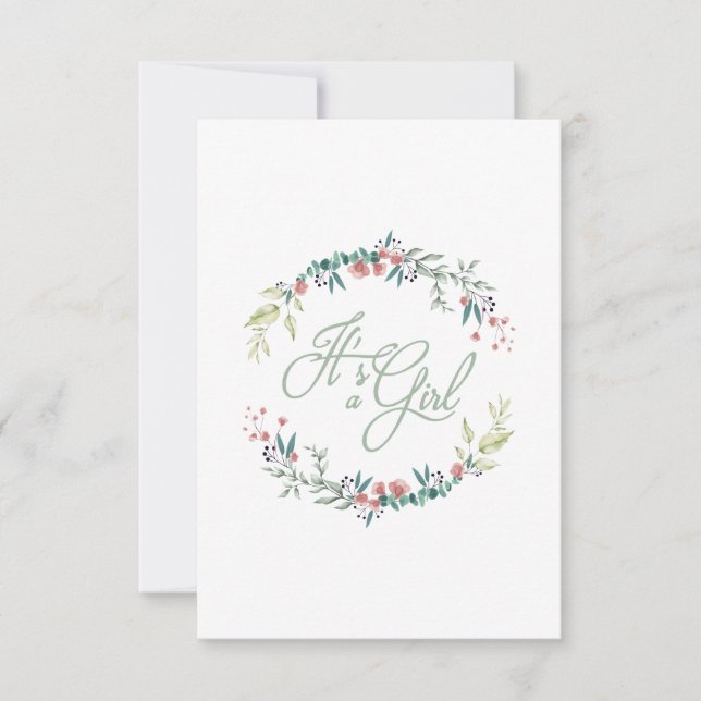 It's a Girl Quote in Pink Green on Floral Wreath Inbjudningar (Framsida)
