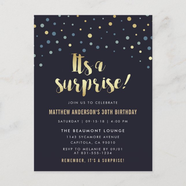 It's A Surprise! Gold Foil Confetti Birthday Vykort (Framsida)