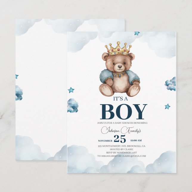 IT'S BOY Bear Baby Shower Anteckningskort (Fram/baksida)