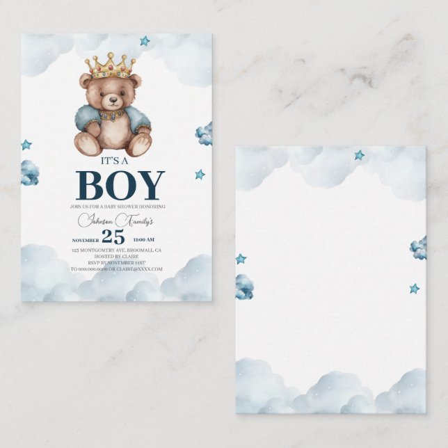 IT'S BOY Bear Baby Shower Anteckningskort (Fram/baksida)