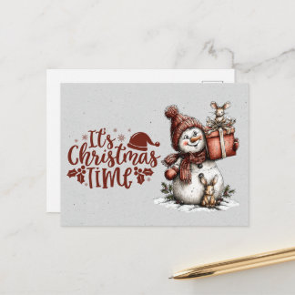 It's Christmastime Snowman Holding Gift and Mouse Vykort