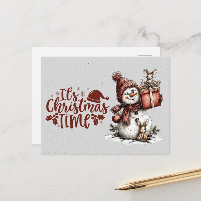 It's Christmastime Snowman Holding Gift and Mouse Vykort (Fram/Back In Situ)
