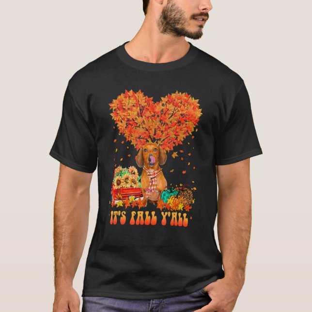 It's Fall Y'all Dachshund Dog Pumpkin Autumn Tree  T Shirt (Framsida)