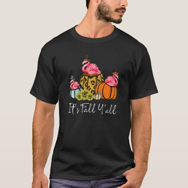 It's Fall Yall Flamingo  Leopard Pumpkin Falling A T Shirt (Framsida)