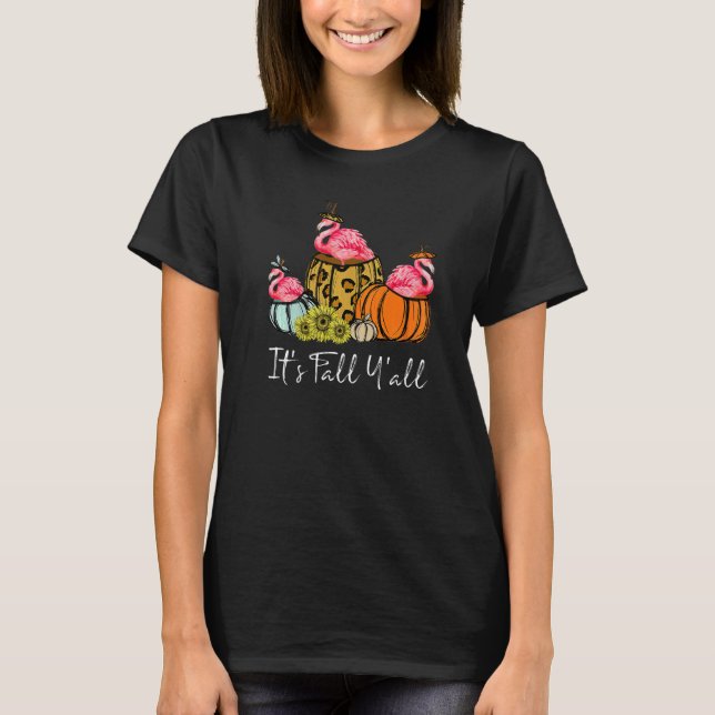 It's Fall Yall Flamingo  Leopard Pumpkin Falling A T Shirt (Framsida)
