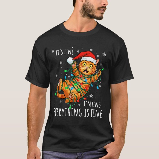 It's Fine I'm Fine Orange Cat Christmas Light Funn T Shirt (Framsida)