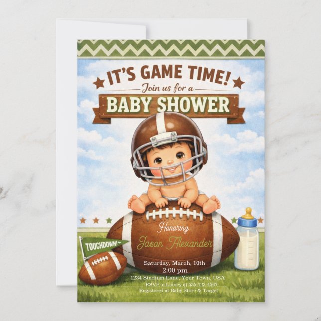 Its Game Time Baby Boy Shower Inbjudningar (Framsida)