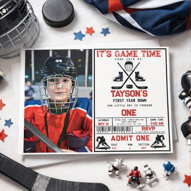 It's Game Time Hockey 1-årsfest foto Inbjudningar (It’s Game Time Hockey 1st Birthday Party photo Invitation
)
