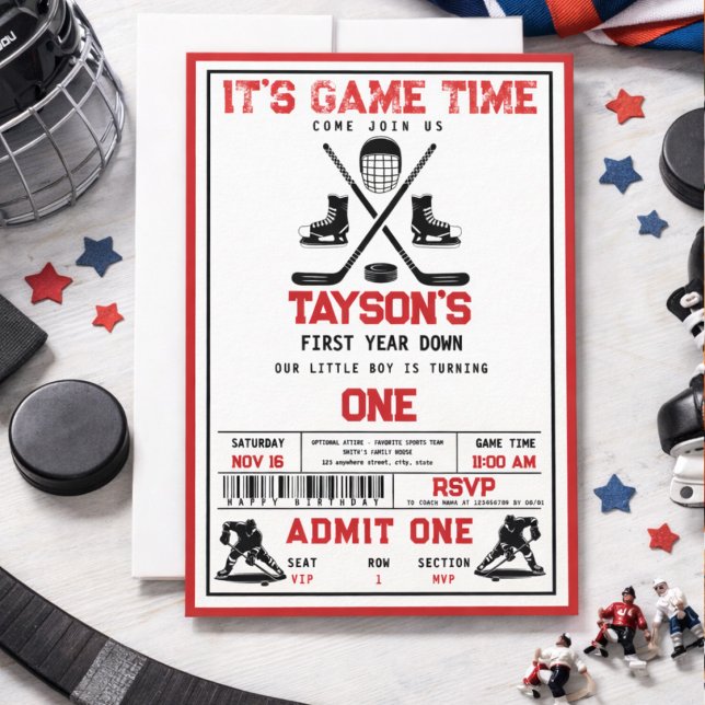 It's Game Time Hockey 1-årsfest Inbjudningar (It’s Game Time Hockey 1st Birthday Party Invitation
)