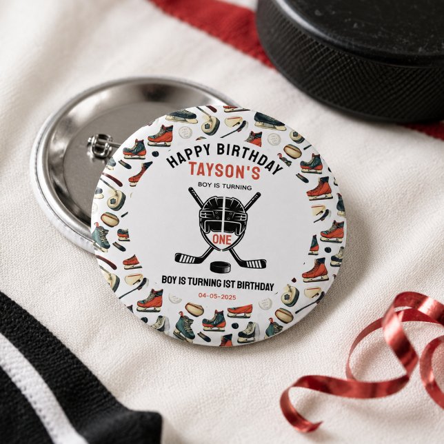 It's Game Time Hockey 1-årsfest Knapp (It’s Game Time Hockey 1st Birthday Party Button
)