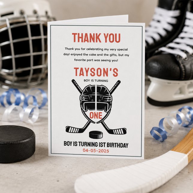 It's Game Time Hockey 1-årsfest Tack Kort (It’s Game Time Hockey 1st Birthday Party Thank You Card
)
