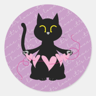 IT'S KÄRLEK - Cute Black Cat & Hearts Sticker Runt Klistermärke