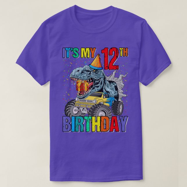 It's My 12th Birthday Monster Truck Dinosaur Boys  T Shirt (Design framsida)