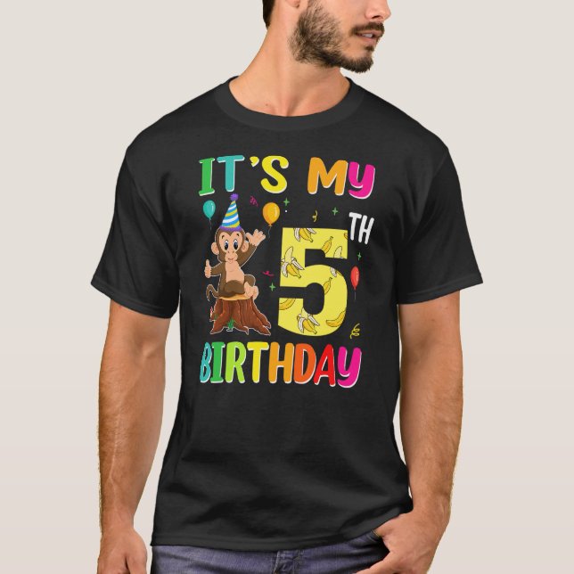 It's My 5th Birthday Monkey 5 Year Old Boy Girl T Shirt (Framsida)
