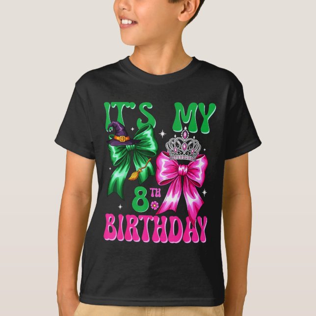 It's My 8th Birthday Witch Nk And Green Bow Croche T Shirt (Framsida)