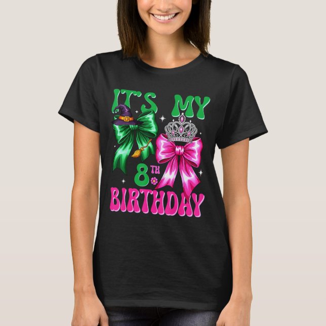 It's My 8th Birthday Witch Nk And Green Bow Croche T Shirt (Framsida)