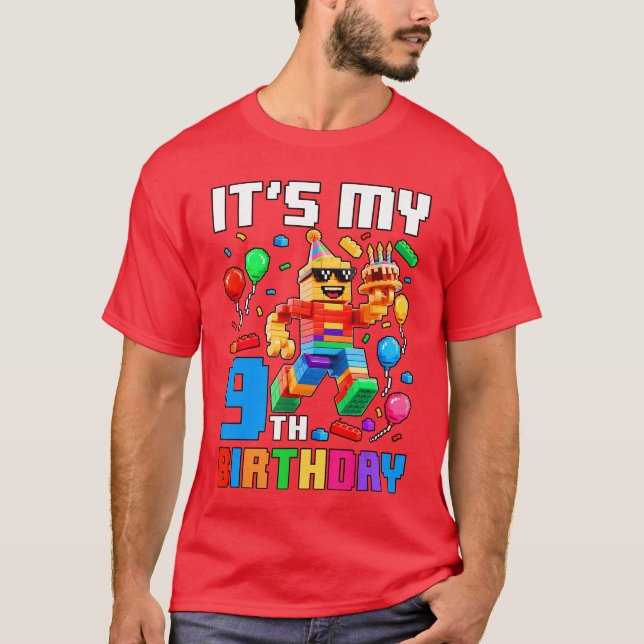 Its My 9th Birthday Building Brick 9 Years Old Boy T Shirt (Framsida)