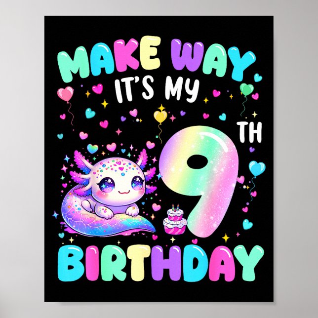 It's My 9th Birthday Girl Cute Axolotl 9 Year Old  Poster (Framsidan)