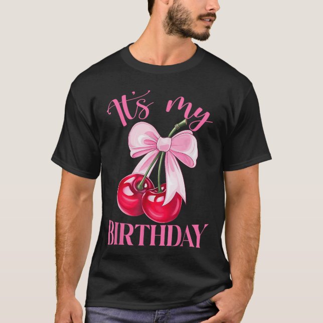 Its My Birthday Coquette Bow Cherry Birthday Girls T Shirt (Framsida)