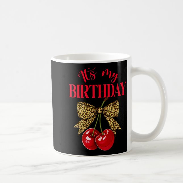 It's My Birthday Cute Cherry Leopard Coquette Bow  Kaffemugg (Höger)