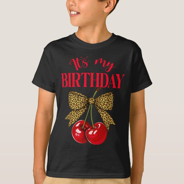It's My Birthday Cute Cherry Leopard Coquette Bow  T Shirt (Framsida)