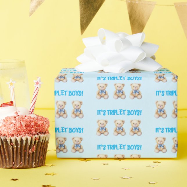 It's Triplet Boys!, Baby Triplets Gift Wrap, Blue  Presentpapper (Födelsedagsfest)