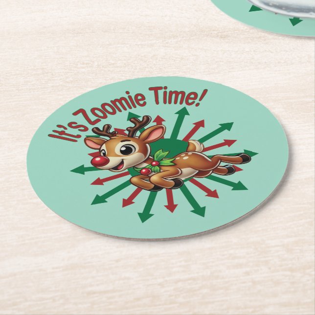 "It's Zoomie Time! Christmas Reindeer Underlägg Papper Rund (Vinklad)