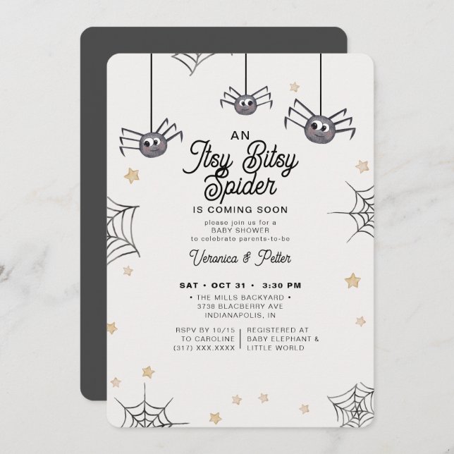 Itsy Bitsy Spider Neutralt Halloween Baby Shower Inbjudningar (Fram/baksida)