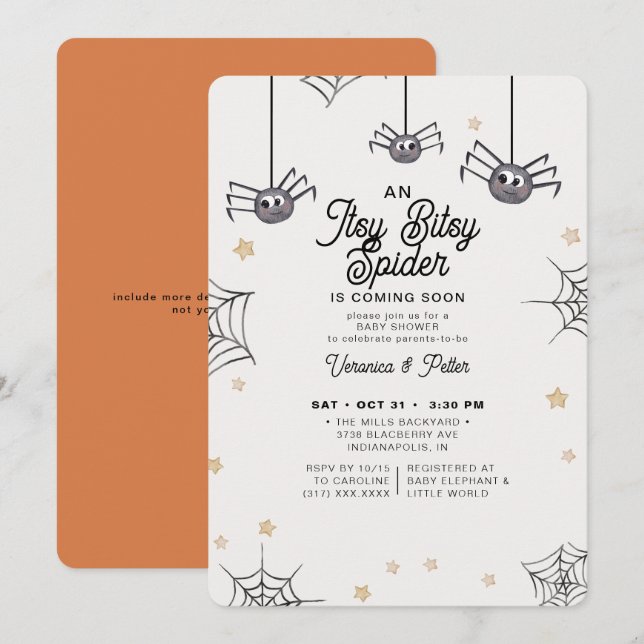 Itsy Bitsy Spider Neutralt Halloween Baby Shower Inbjudningar (Fram/baksida)