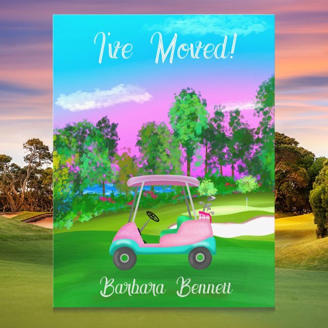 I've Moved Sunset Golf Course Pink Golf Cart  Vykort (Skapare uppladdad)
