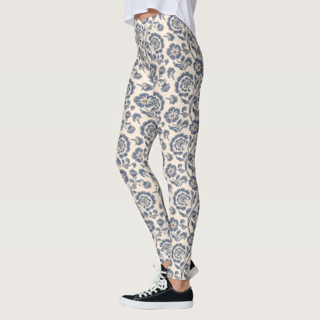 Ivoria med Blue Blommigt Design Mönster Leggings (Vänster)
