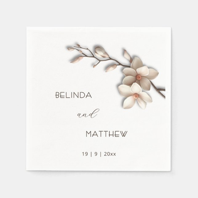 Ivory 3D Magnolia Blommor | Bröllop Pappersservett (Framsidan)