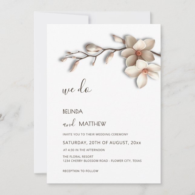Ivory 3D Magnolia Flower Casual Wedding Inbjudningar (Framsida)
