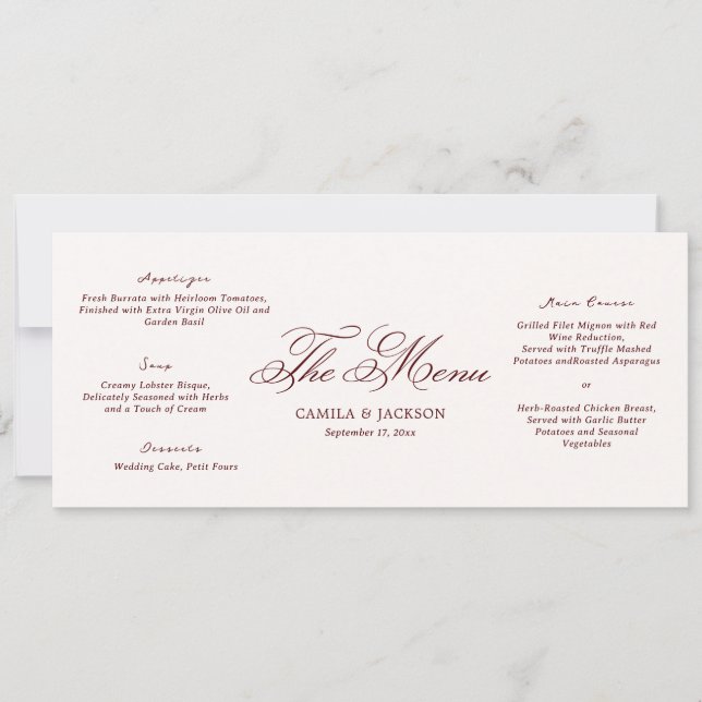Ivory and Burgundy Wedding Menu Card Inbjudningar (Framsida)