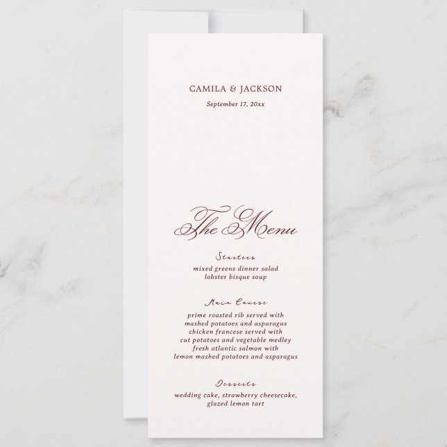 Ivory And Burgundy Wedding Menu Card Inbjudningar (Framsida)