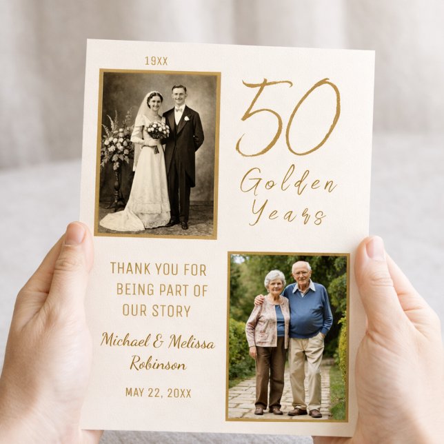 Ivory and Gold Golden Anniversary Thank You Card Tack Kort (A heartfelt thank you card honoring 50 golden years of love and the people who shared the journey.)