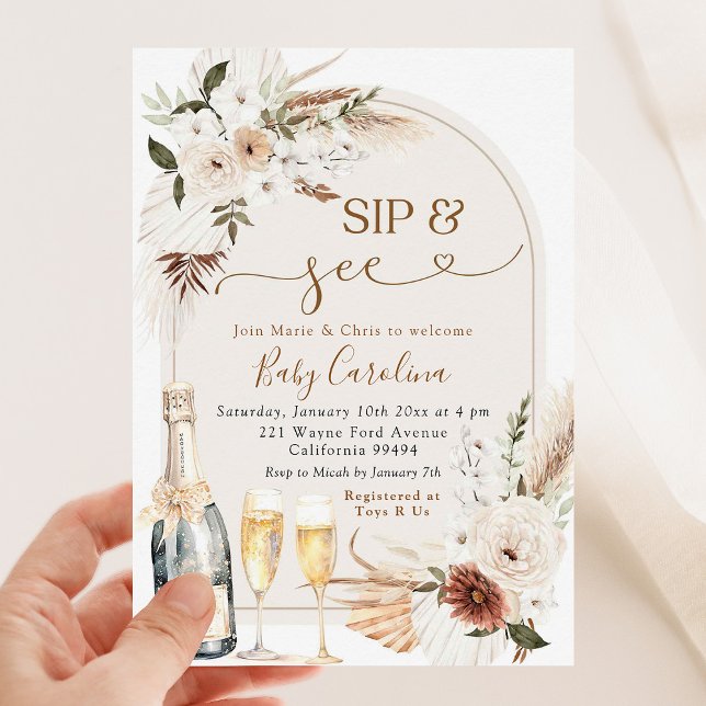 Ivory Beige Boho Blommigt Sip och See Baby Shower Inbjudningar (Skapare uppladdad)