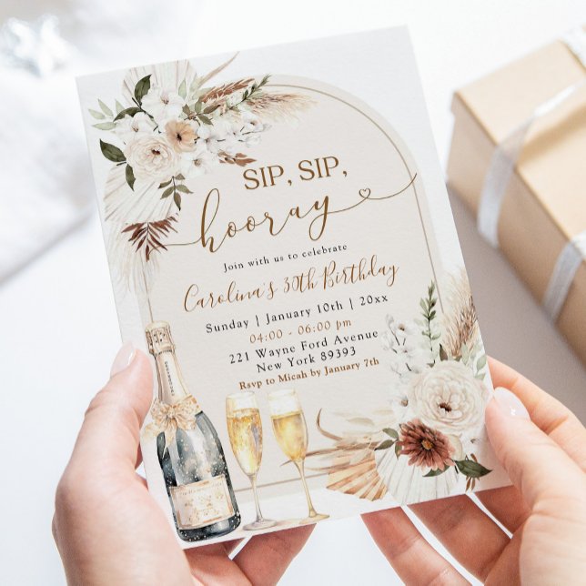 Ivory Beige Boho Blommigt Sip Sip Hooray Birthday Inbjudningar (Skapare uppladdad)